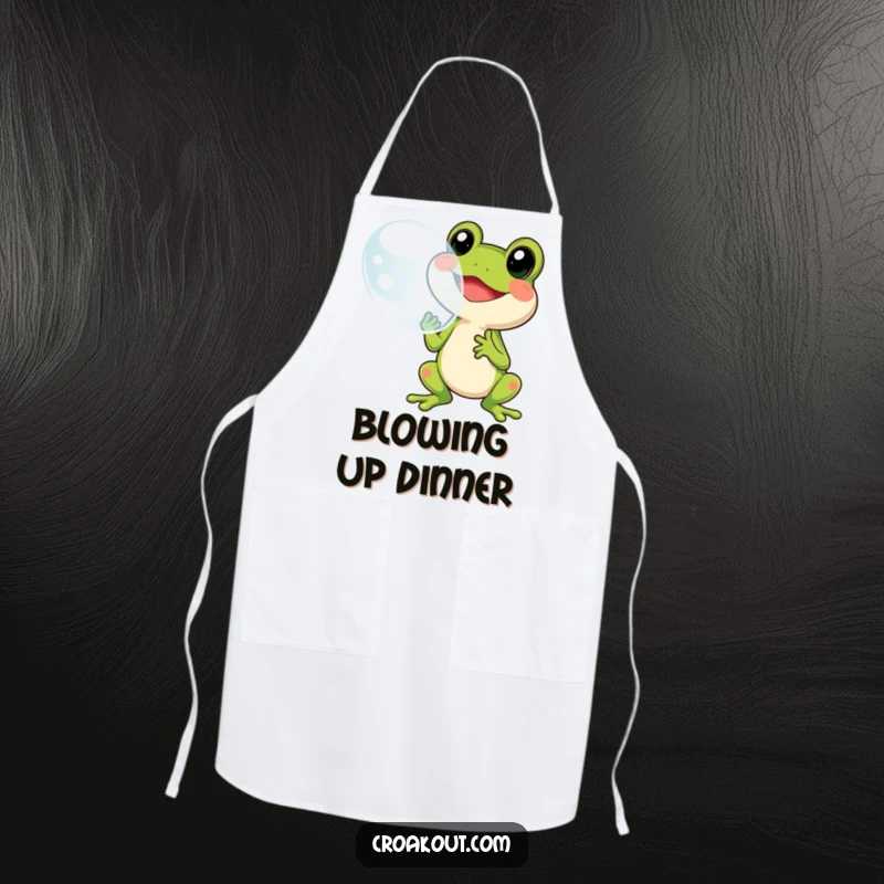 Funny frog bubble apron showcasing a cheerful character happily blowing a large bubble, perfect for adding humor to kitchen tasks.