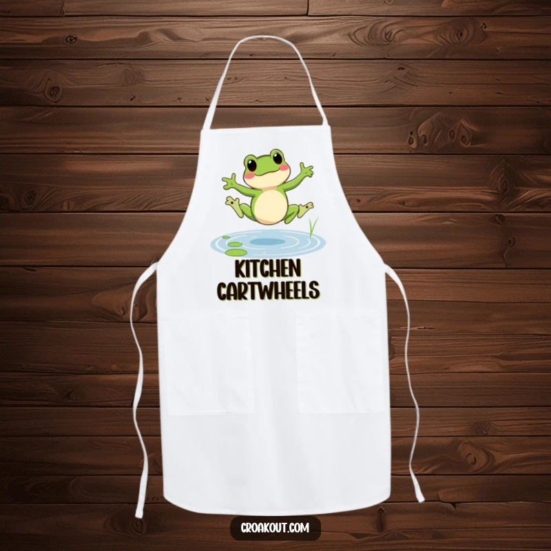 Funny frog apron depicting a cheerful amphibian doing a cartwheel in a pond, a humorous and practical kitchen accessory.