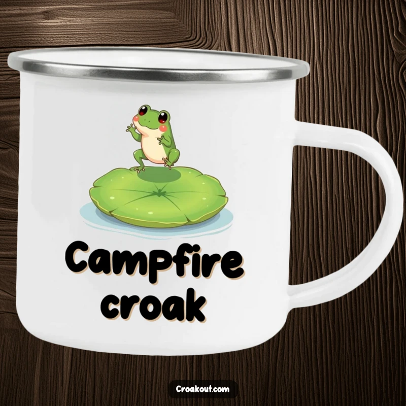Funny camping mug with a tiny frog character leaping onto a large lily pad, perfect for outdoor enthusiasts.