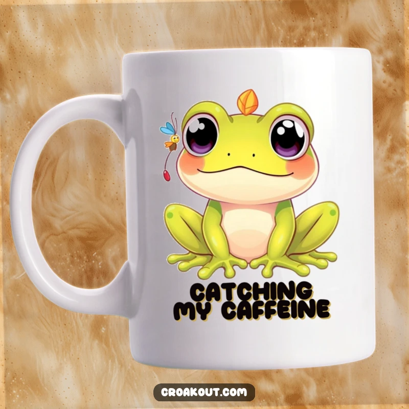 Funny kawaii mug featuring a frog character with big, wide eyes intently trying to catch a falling fly, expressing humorous focus.