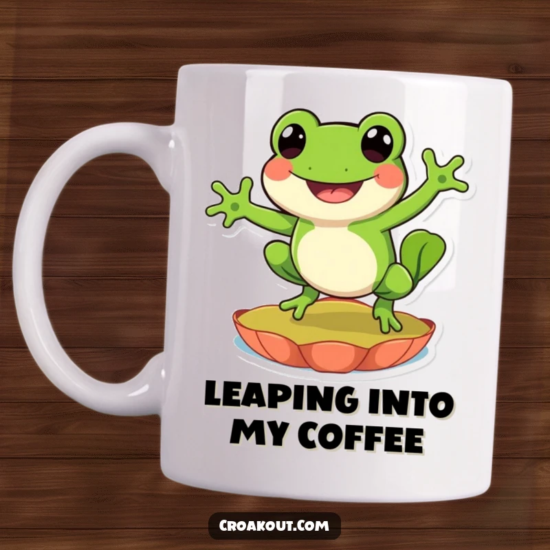 Funny mug featuring a happy frog character mid-leap on a lily pad, embodying pure, unadulterated joy and energetic fun.