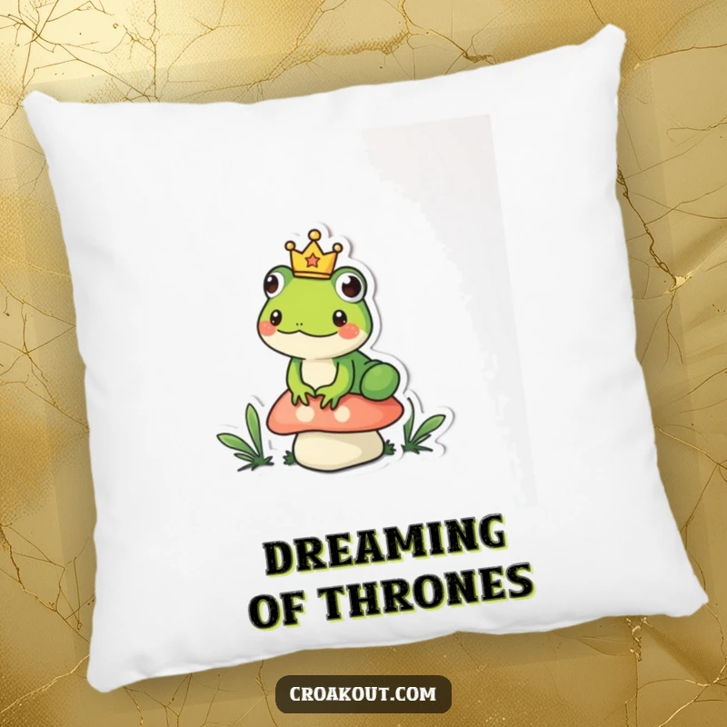 Funny frog pillow showing a small amphibian wearing a tiny crown, sitting regally on a mushroom, a humorous and comforting accessory.
