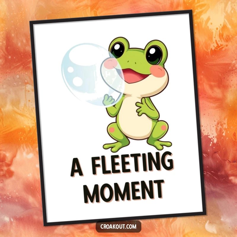 Funny frog bubble digital art print of a cheerful character blowing a massive bubble, perfect for instant whimsical wall decor.