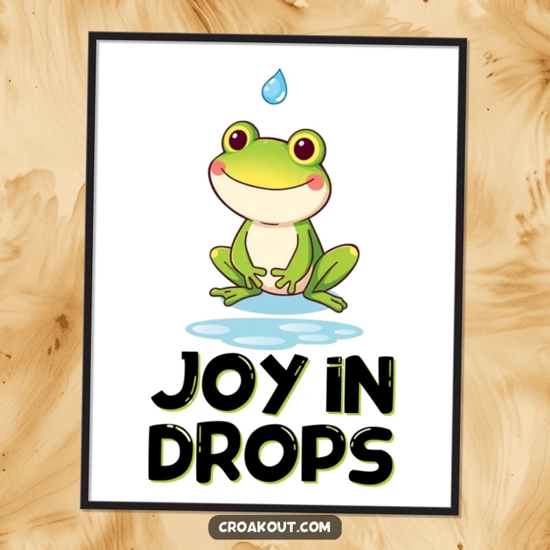 Funny kawaii frog with a goofy grin catching a raindrop, as a digital art print for instant, humorous home decor.
