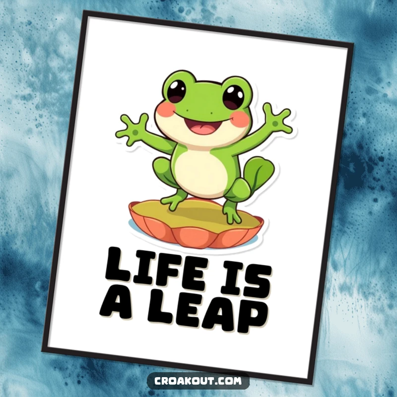 Funny poster of a happy frog character performing a spectacular leap on a lily pad, capturing a moment of pure, unbridled happiness.
