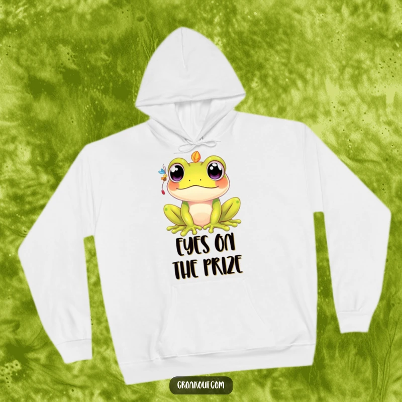 Funny hoodie showcasing a cute kawaii frog with wide eyes, comically focused on catching a falling fly, perfect for cozying up.