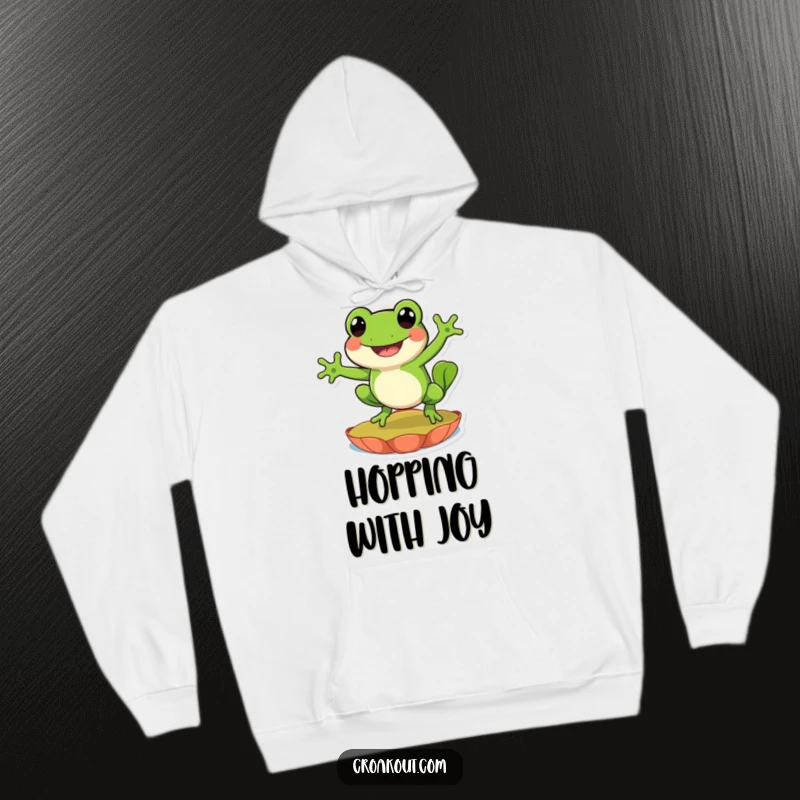 Funny hoodie featuring a happy frog character leaping high on a lily pad, perfect for cozying up with a dose of amphibian cheer.