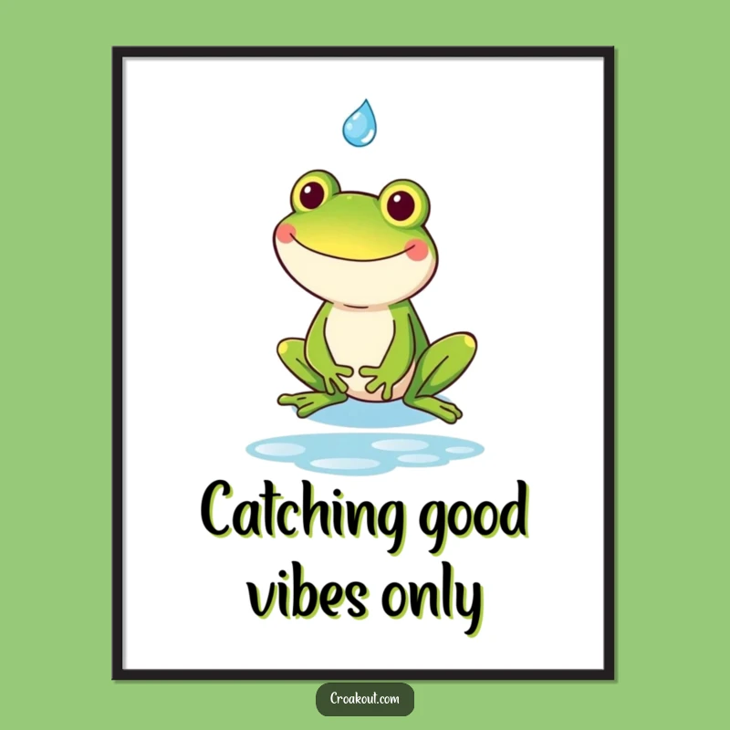 Free Printable Wall Art: Goofy Frog Catching Raindrop - Funny Kawaii Art