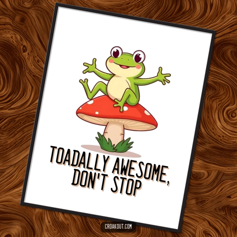 Funny free printable wall art depicting a frog doing a hilarious dance on a wobbly mushroom. Instant download decor.