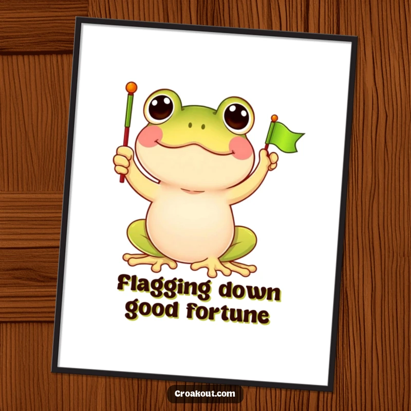 Funny Free Printable Wall Art depicting a delighted frog character joyfully waving a small green flag.