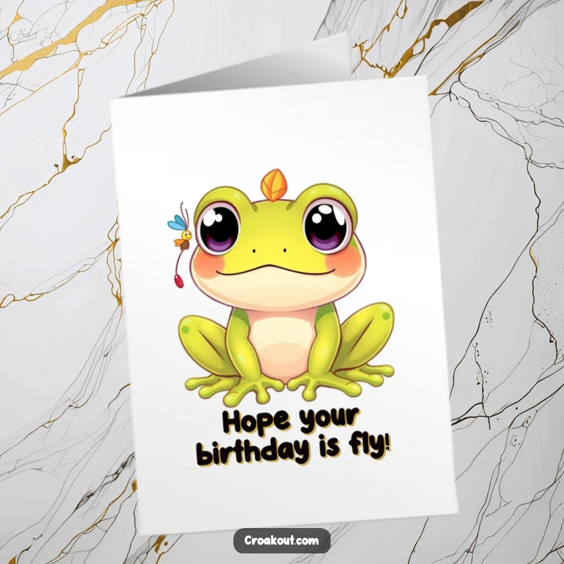 Funny Free Printable Birthday Card: A kawaii frog with wide eyes trying to catch a falling fly, super cute.