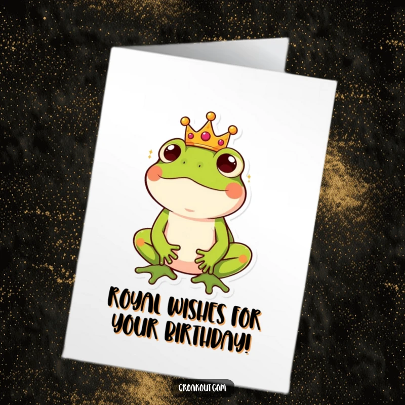 Funny Free Printable Birthday Card: A frog wearing a tiny crown sits regally, looking amused and ready to party.