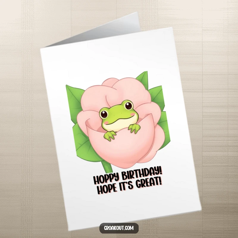 Funny Free Printable Birthday Card featuring a cute frog peeking out from behind a giant, colorful flower blossom, ready to deliver a laugh.