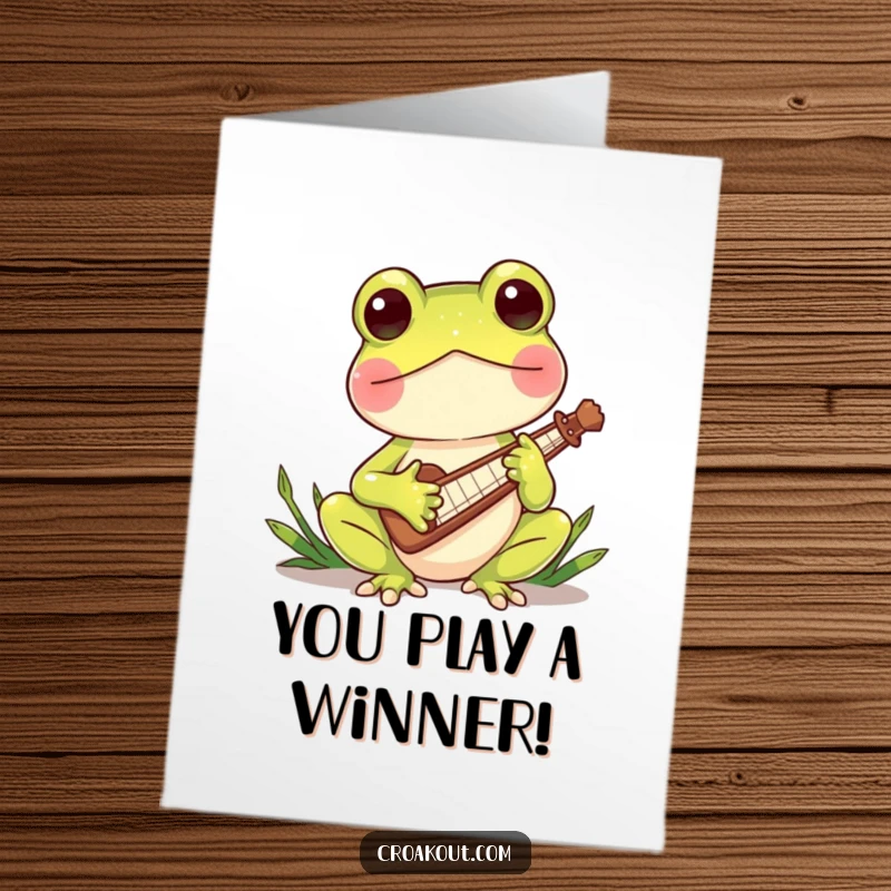 Funny Free Printable Congratulations Card, charming frog playing a reed instrument, creating a celebratory fanfare for their success, amusingly musical.