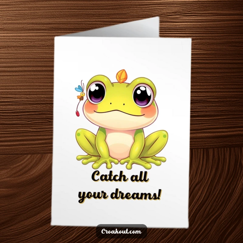 Funny Free Printable Congrats Card: A wide-eyed kawaii frog attempting to catch a falling fly, celebrating achievement.