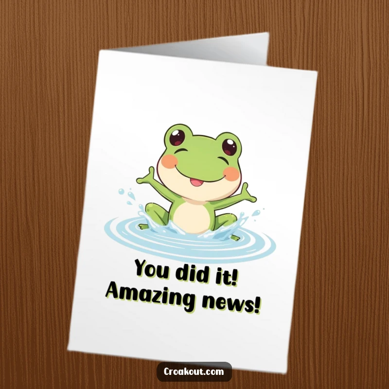 Funny Free Printable Congratulations Card: A delighted frog joyfully splashing in shallow water, creating happy water sprays to celebrate a fantastic accomplishment.