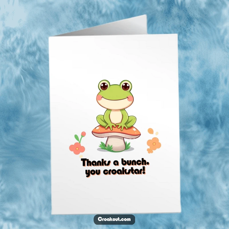 Funny Free Printable Thank You Card showing a happy frog character with a big grin on a mushroom.