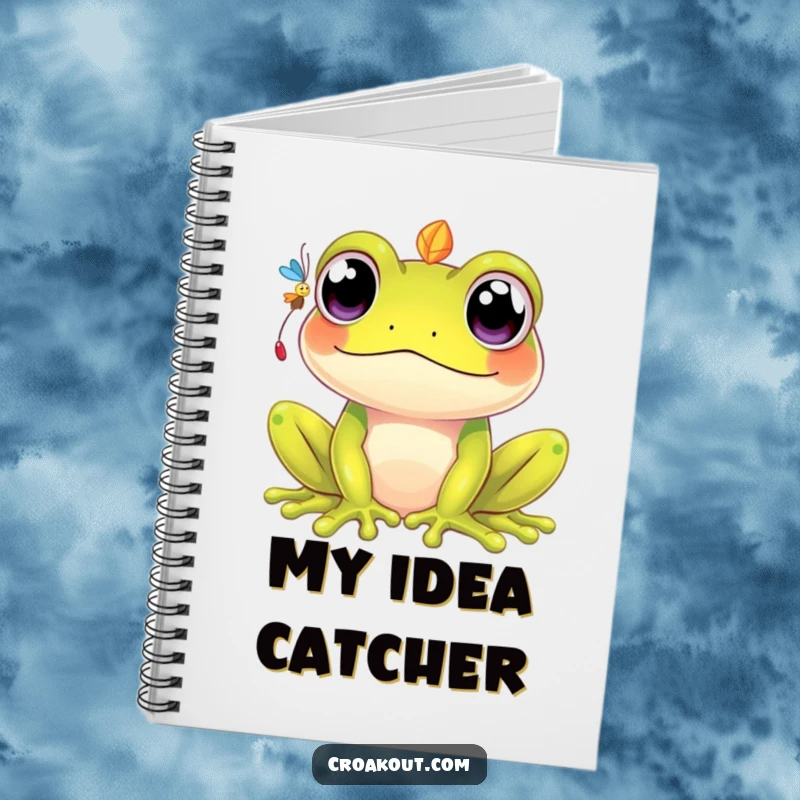 Funny kawaii frog notebook featuring a cute character with wide eyes, humorously focused on catching a fly, perfect for jotting ideas.