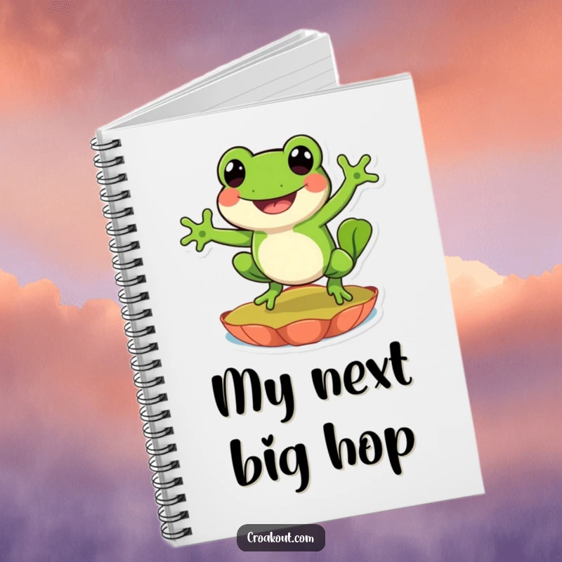 Funny notebook with a cover featuring a happy frog character leaping on a lily pad, ideal for capturing ideas with amphibian flair.