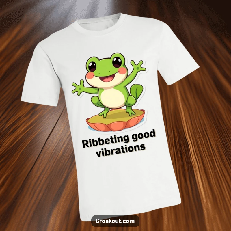 Funny t-shirt showcasing a happy frog character joyfully leaping on a lily pad, radiating pure delight and a love for the outdoors.