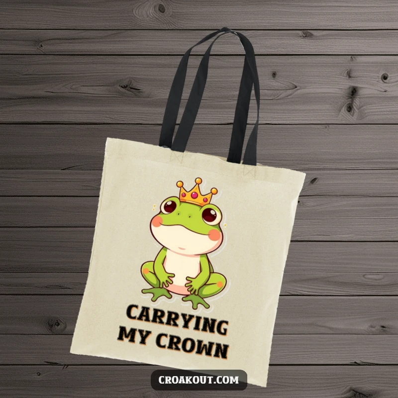 Funny tote bag featuring a frog with a small crown, looking regal but with a hint of playful amusement.