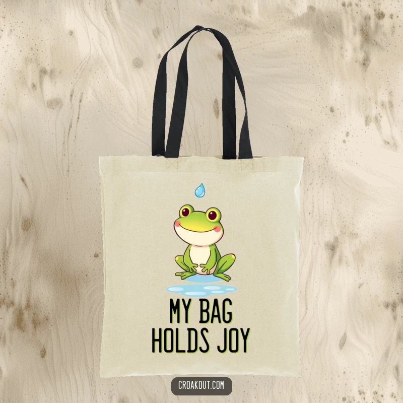Funny kawaii frog with a goofy grin catching a raindrop, printed on a durable and humorous tote bag.